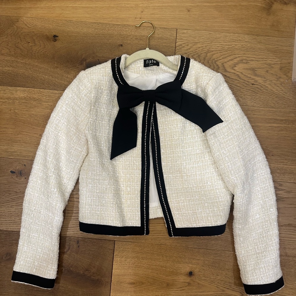 Tweed Cream and Black Bow Jacket
